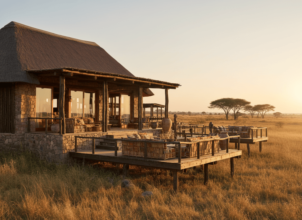 A modern African safari lodge at golden hour, architecture built from local stone and timber with a thatched roof, set against a savanna landscape with acacia trees in the distance. Warm earth tones, indigenous textile patterns subtly visible on outdoor furnishings, natural materials, soft golden sunlight, no people visible, photographic realism, conveying authentic contemporary African hospitality and conservation-led design rather than generic luxury resort style.