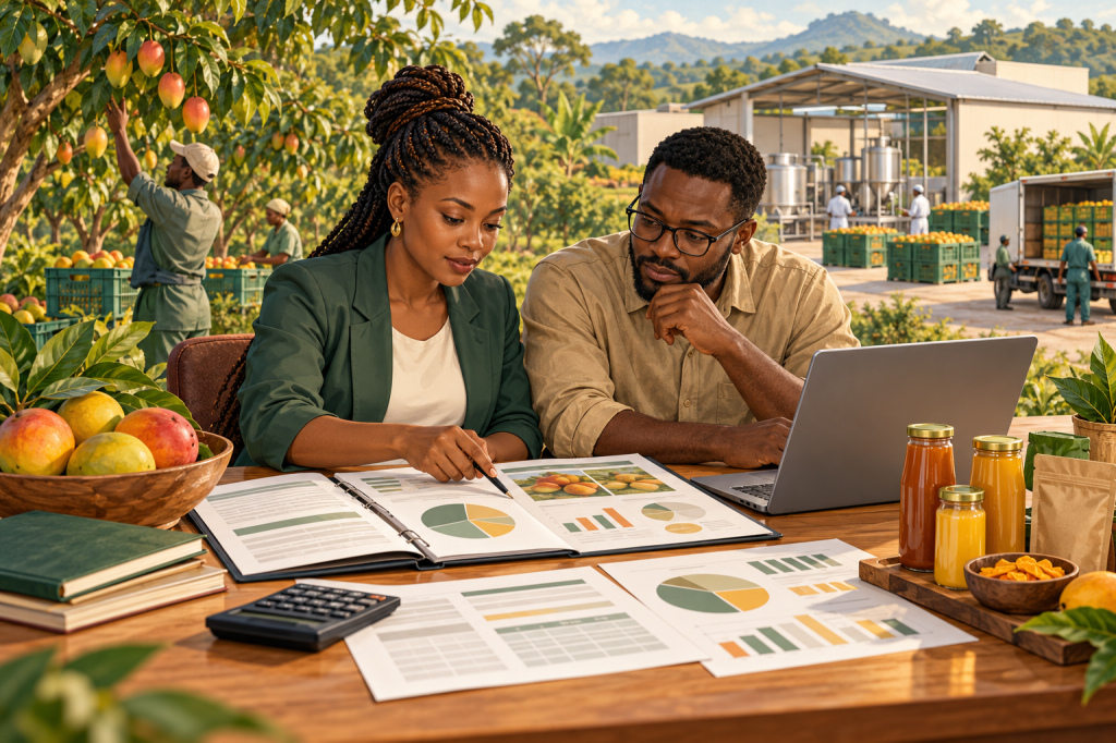Two African business professionals review project data and a business plan, with a fruit orchard, processing facility, and distribution truck in the background.